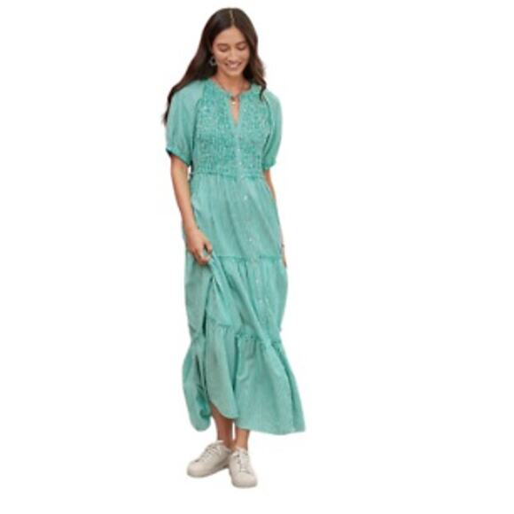 Sundance Dresses & Skirts - Sundance Size PXL Topsail Striped Green & White Smocked Tiered Boho Dress